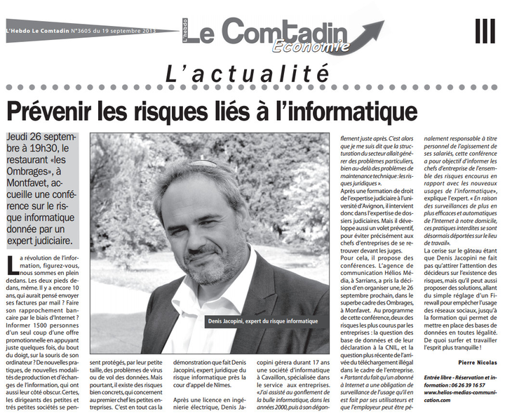 Prévenir des risques liés à l'informatique - Article du Comtadin du 19 septembre 2013