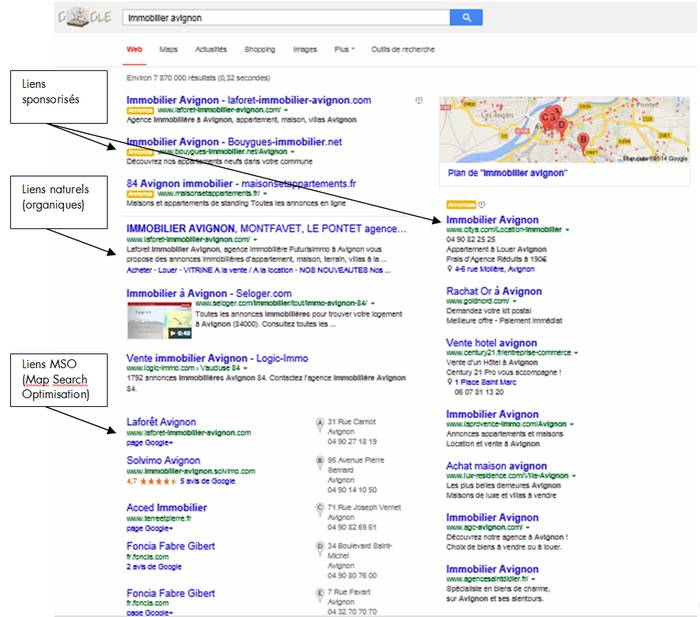 Exemples de résultats de recherche Google - Référencement naturel et liens sponsorisés