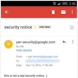 Le bug Gmail pour Android découvert par la chercheuse en sécurité Yan Zhu permettait de modifier l'entête de l'expéditeur d'un message. (crédit : D.R.)